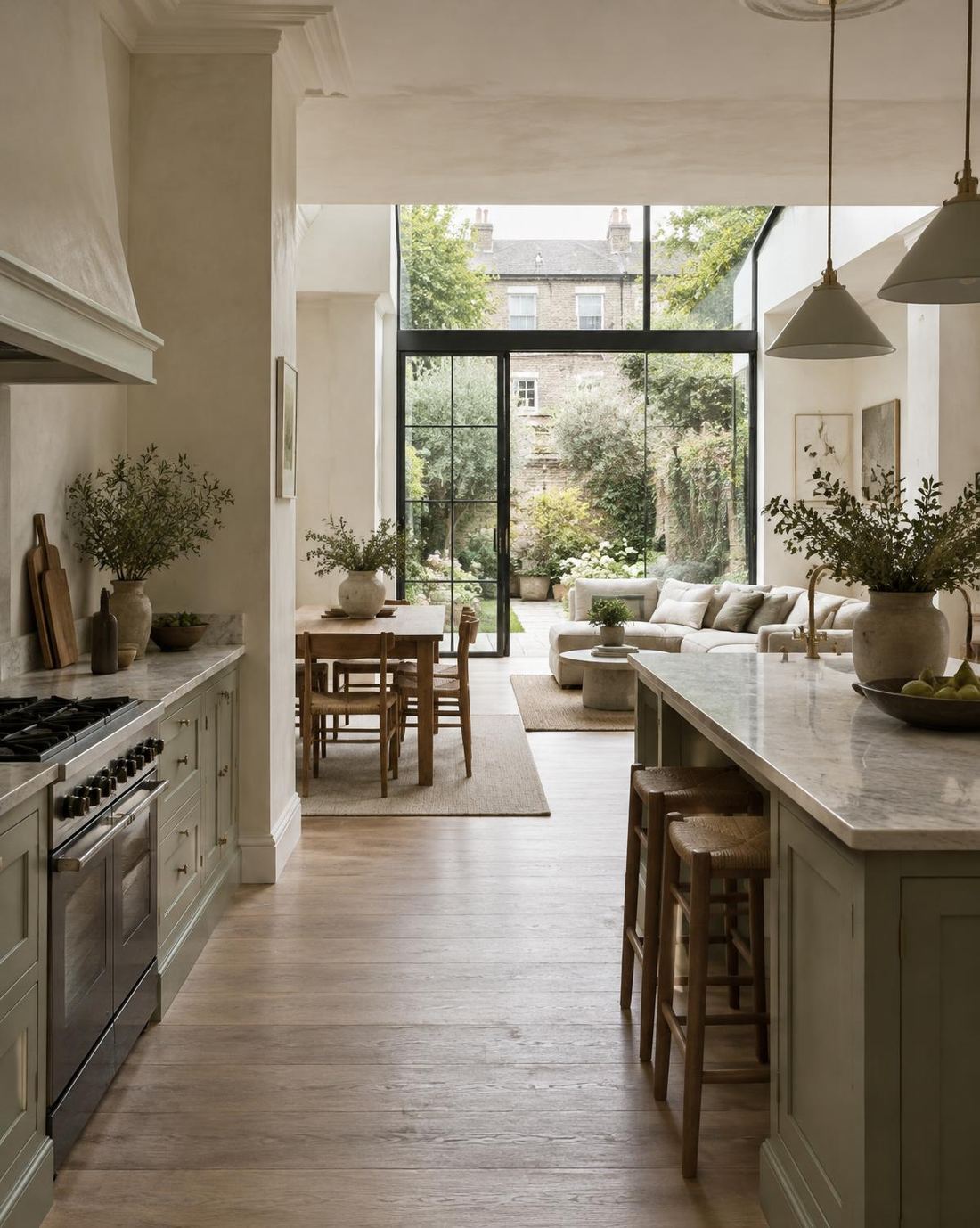 A renovated British terraced home with oak floors, limewashed walls and a glazed garden extension