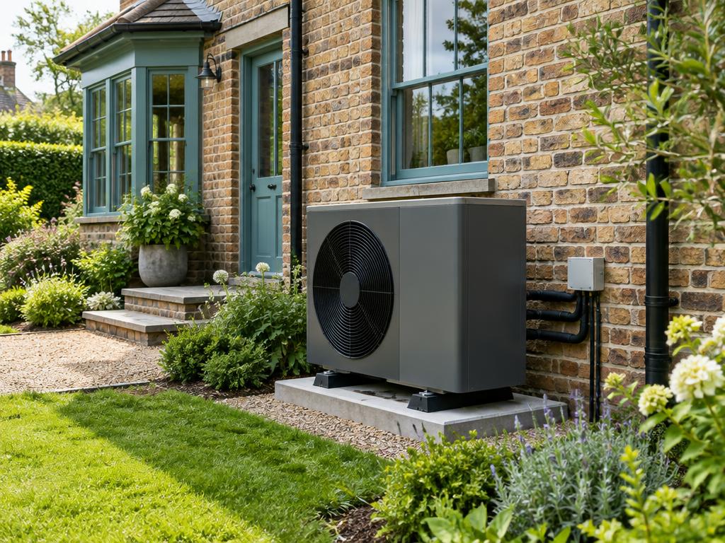 An air source heat pump beside a renovated brick home and green garden