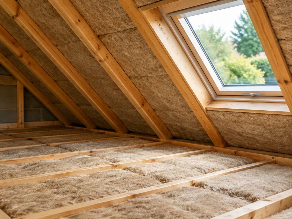 Natural fibre insulation neatly fitted between timber joists in a bright loft