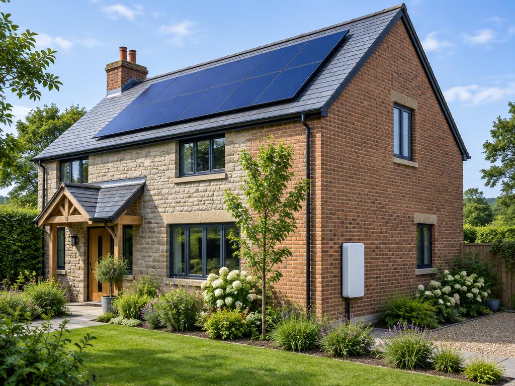 Solar panels on a British home's roof with a wall-mounted home battery